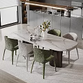 Modern Dining Table Set With Marble Top Green And White Chairs Vase Flowers And Books