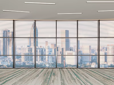 Bright Interior Featuring Floor To Ceiling Windows With Urban City View And Blinds 3d model