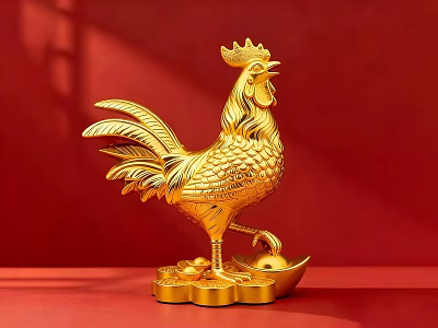 Golden Rooster Sculpture With Intricate Carving Ingot Base On Red Background 3d model