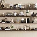 Decorative Ornament Set With Vases Table Lamps Photo Frames On Multiple Wooden Wall Mounted Shelves