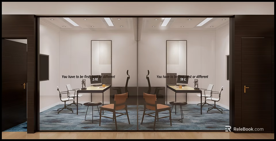 Modern Office Interior With Desk Chairs Carpet And Motivational Quote On Wall 3d model 