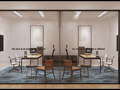 Modern Office Interior With Desk Chairs Carpet And Motivational Quote On Wall 3d model