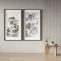 Two Traditional Chinese Landscape Paintings Hanging On Wall In Modern Interior Room