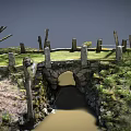 Rustic Stone Bridge Over Shallow Stream Surrounded By Green Grass And Trees 3d model