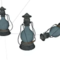 Three Vintage Candle Lanterns With Rustic Metal Base And Glass Shade Design