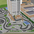 Rainy Day Plaza Landscape With Modern Buildings Trees Circular Walkways Water Pools And People Walking