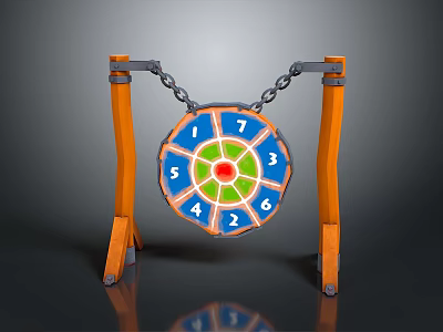 Dartboard Setup With Orange Stand Blue Board Numbers And Hanging Chains 3d model