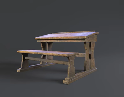 Rustic Wooden Dining Table With Matching Bench And Vintage Design Elements 3d model