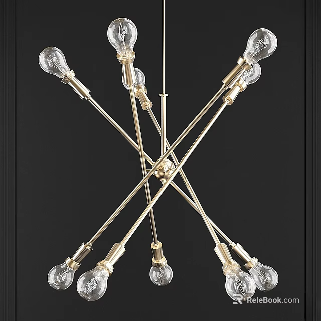 Modern Branched Chandelier with Golden Metal Arms and Clear Glass Light Bulbs 3d model 