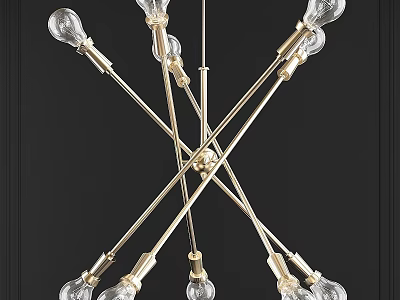 Modern Branched Chandelier with Golden Metal Arms and Clear Glass Light Bulbs 3d model