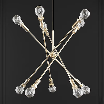 Modern Branched Chandelier with Golden Metal Arms and Clear Glass Light Bulbs 3d model