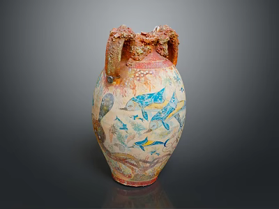 Broken Ceramic Amphora With Two Handles And Blue Yellow Fish Patterns 3d model