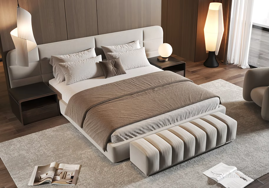 Modern Double Bed With Upholstered Headboard Nightstand Table Lamp And Soft Rug 3d model 