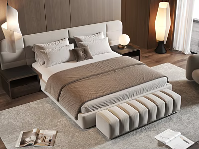 Modern Double Bed With Upholstered Headboard Nightstand Table Lamp And Soft Rug 3d model
