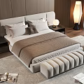 Modern Double Bed With Upholstered Headboard Nightstand Table Lamp And Soft Rug