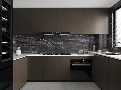 Modern Kitchen Interior Design With Dark Cabinets Island Counter And Appliances 3d model