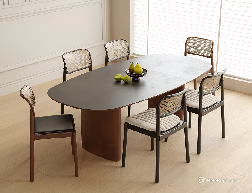 Modern Oval Dining Table And Chairs Set With Woven Backrests On Light Wooden Floor 3d model 