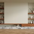 Modern Wooden Bookshelf With Built in Shelves Books And Marble Base Decorative Items