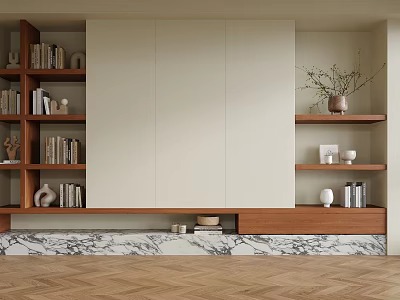 Modern Wooden Bookshelf With Built in Shelves Books And Marble Base Decorative Items 3d model