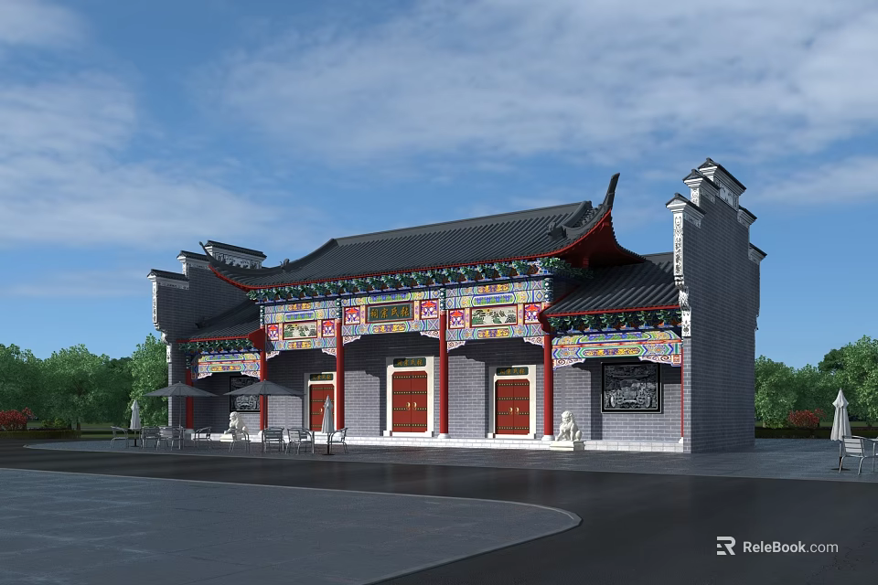Traditional Ancient Chinese Architecture Featuring Ornate Roof Red Doors And Decorative Details 3d model 
