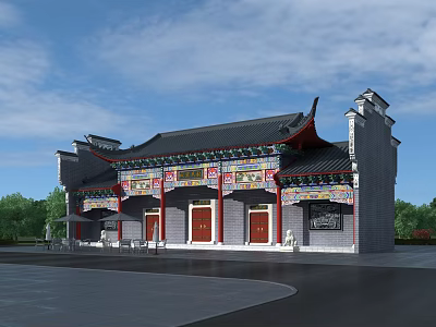 Traditional Ancient Chinese Architecture Featuring Ornate Roof Red Doors And Decorative Details 3d model