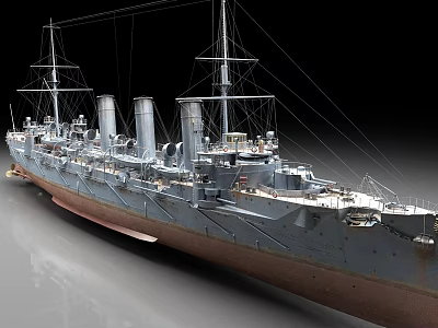 Vintage Warship Model Featuring Multiple Funnels Masts And Detailed Hull Design 3d model