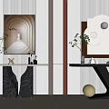 Modern Console Table Interior with Decorative Paintings Green Plants Marble Tops and Metal Decorations