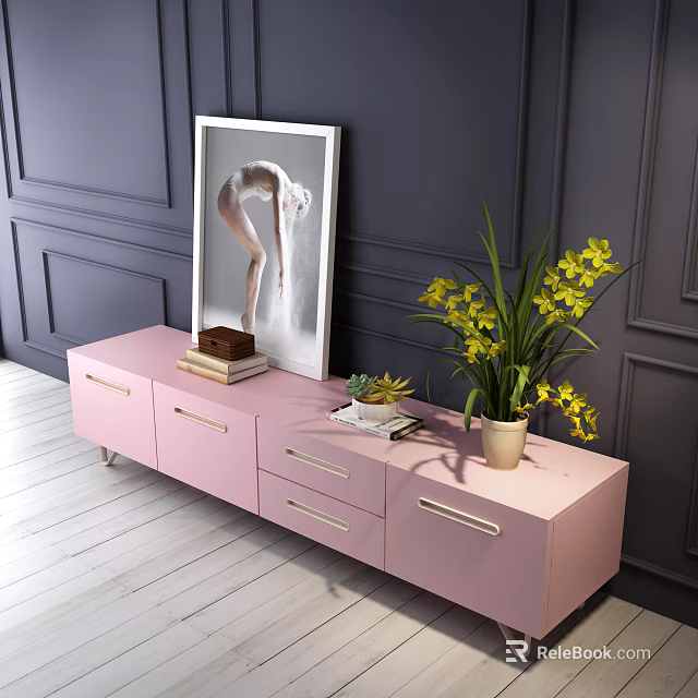 Modern Pink TV Stand with Painting Books Small Potted Plant and Yellow Flowers 3d model 
