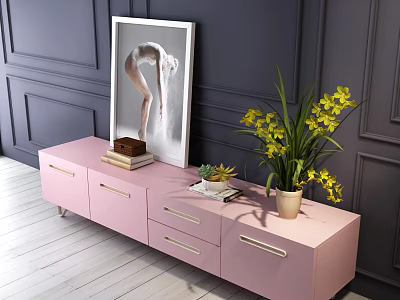 Modern Pink TV Stand with Painting Books Small Potted Plant and Yellow Flowers 3d model