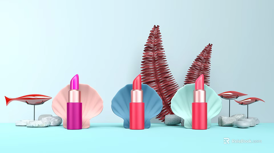 Vibrant Lipsticks Placed In Shell Holders With Red Fern Plants And Stones 3d model 