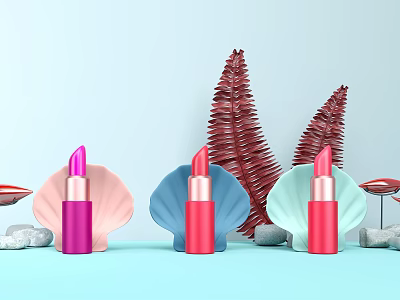 Vibrant Lipsticks Placed In Shell Holders With Red Fern Plants And Stones 3d model