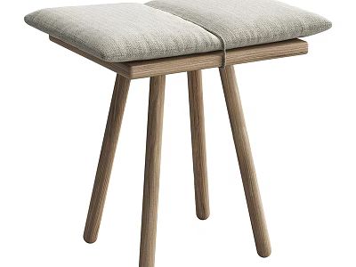 Modern Minimalist Two Seat Stool With Light Gray Fabric Cushions And Wooden Legs 3d model