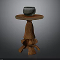 Rustic Wooden Pedestal Side Table With Gray Pottery Jar And Carved Base