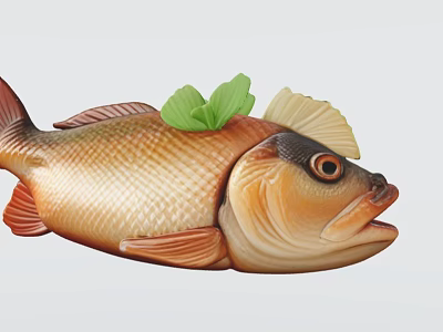 Brown And Orange Aquatic Fish With Green Leaf On Back And Yellow Fins 3d model