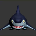 Blue Cartoon Style Shark 3D Model With Yellow Eyes Sharp Teeth And Gray Background Reflection 3d model