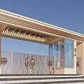 Modern Entrance Gate with Glass Doors Metal Railing Decorative Patterns Wooden Grille Canopy and Steps
