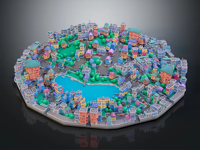 Cartoon City Scene With Colorful Buildings Green Trees And Blue Water Area 3d model