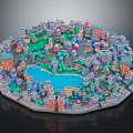 Cartoon City Scene With Colorful Buildings Green Trees And Blue Water Area