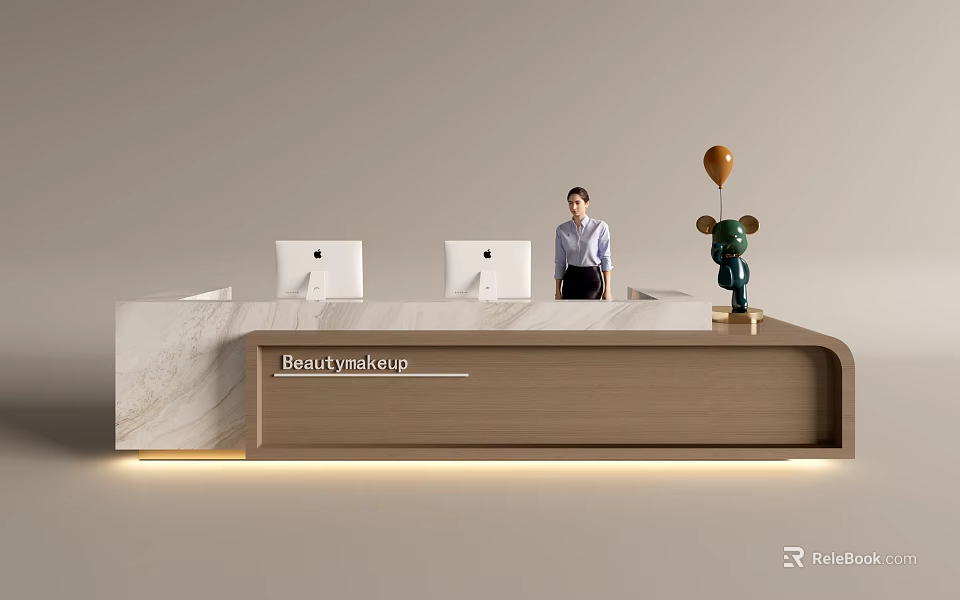 Beauty Makeup Reception Desk With Marble Wooden Counter Computer Monitors And Decorative Ornaments 3d model 