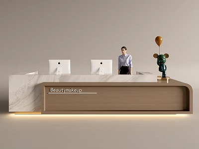 Beauty Makeup Reception Desk With Marble Wooden Counter Computer Monitors And Decorative Ornaments 3d model