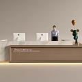 Beauty Makeup Reception Desk With Marble Wooden Counter Computer Monitors And Decorative Ornaments