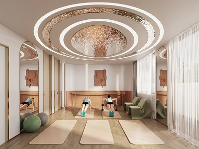 Modern Open Yoga Studio with Yoga Mats Yoga Balls Mirrors and Ceiling Lights 3d model