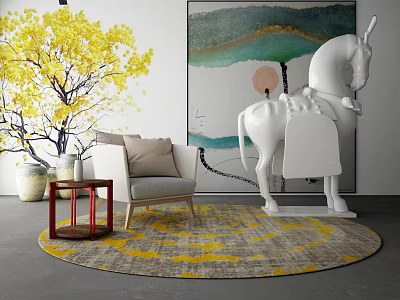 Single Sofa With Cushion On Round Rug By Landscape Painting And Unicorn Sculpture 3d model