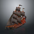 Detailed Vintage Model Sailing Ship With Black Sails And Red Gold Hull