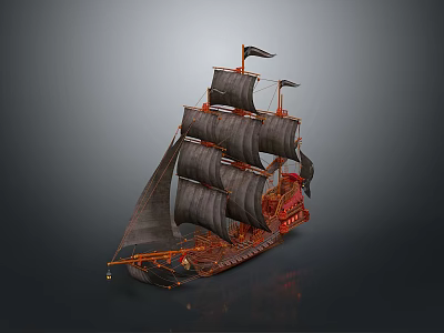 Detailed Vintage Model Sailing Ship With Black Sails And Red Gold Hull 3d model