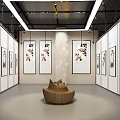 Chinese Cultural Center Interior With Circular Lattice Window Rockery And Paintings