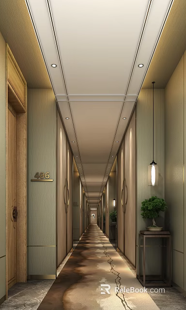 Elegant Hotel Corridor Interior With Room Doors Number Signs Ceiling Lights And Green Plants 3d model 