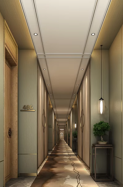 Elegant Hotel Corridor Interior With Room Doors Number Signs Ceiling Lights And Green Plants 3d model