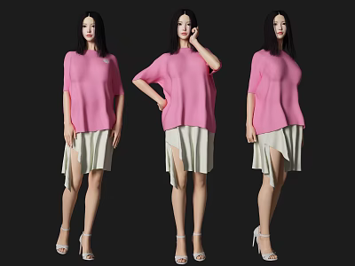 Woman Wearing Pink Top And Light Colored Skirt In Three Different Poses With High Heels 3d model