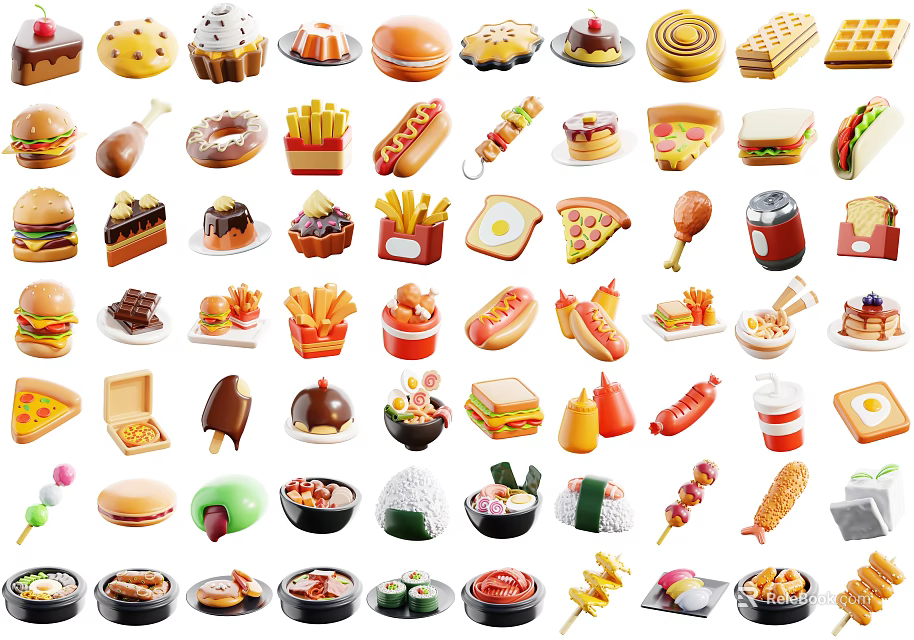 Different Kinds of Delicious Food Including Burgers Cakes Fries Pizza and Sushi 3d model 